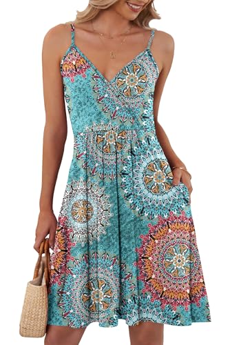 AUSELILY Luftiges Elegant V-Ausschnitt Sommerkleid Damen Sexy Ärmellos Träger Freizeitkleid Strandkleid mit Taschen S-XXL（Print Grün,XL von AUSELILY