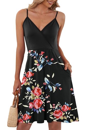 AUSELILY Luftiges Elegant V-Ausschnitt Sommerkleid Damen Sexy Ärmellos Träger Freizeitkleid Strandkleid mit Taschen S-XXL（Schwarze Rose Schwarz,XL von AUSELILY