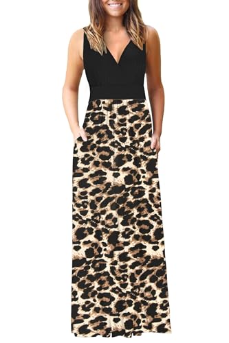 AUSELILY Maxikleid Damen Sommer Ärmellos Kleid Lang Elegant tiefem V-Ausschnitt Abendkleid mit Taschen Leopard Schwarz 2XL von AUSELILY