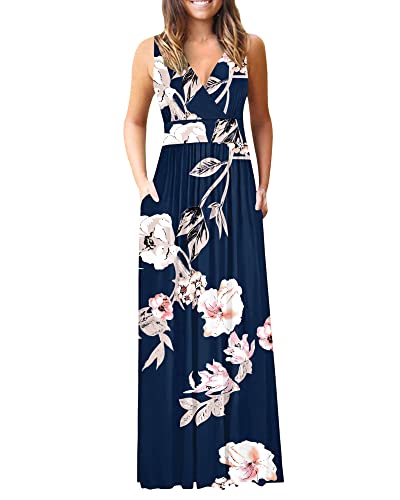 AUSELILY Maxikleid Damen Sommer Ärmellos Kleid Lang Elegant tiefem V-Ausschnitt Abendkleid mit Taschen Neues Blumenblau S von AUSELILY