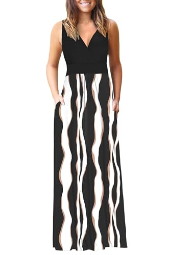 AUSELILY Maxikleid Damen Sommer Ärmellos Kleid Lang Elegant tiefem V-Ausschnitt Abendkleid mit Taschen Schwarze Streifen S von AUSELILY