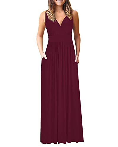 AUSELILY Maxikleid Damen Sommer Ärmellos Kleid Lang Elegant tiefem V-Ausschnitt Abendkleid mit Taschen Weinrot S von AUSELILY