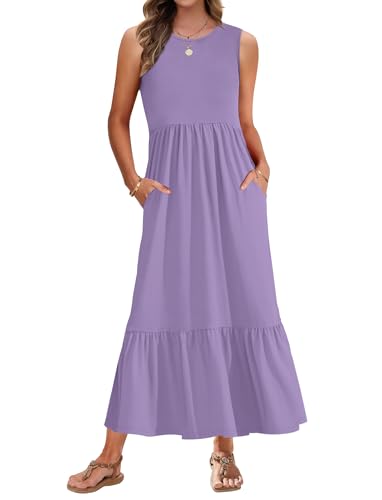 AUSELILY Maxikleid Damen Sommer Ärmelloses Rundhals Kleider Damen Sommer Lang Strandkleid Tank Top Kleider Leicht und Luftig mit Taschen Elastischer Taille Hellviolett S von AUSELILY