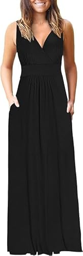 AUSELILY Maxikleid Damen Sommer ärmellos Kleid Schwarz Lang Elegant tiefem V-Ausschnitt Abendkleid mit Taschen 2XL von AUSELILY