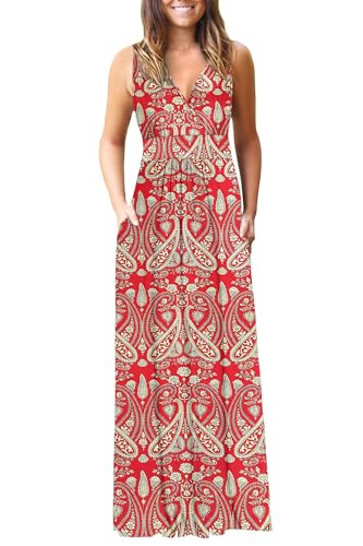 AUSELILY Maxikleid Damen Sommer ärmellos Kleider Lang Elegant tiefem V-Ausschnitt Abendkleid mit Taschen Boho Blumenrot 3XL von AUSELILY