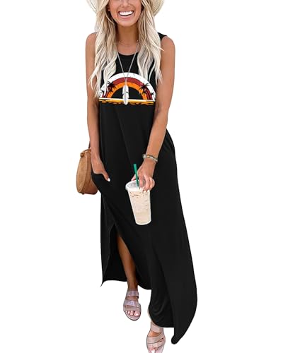 AUSELILY Maxikleider Damen Sommer Ärmellos Strandkleid Lang Sommer-Kleider Tank T-Shirt Kleid mit Taschen Kokosnussbaum Regenbogen XL von AUSELILY
