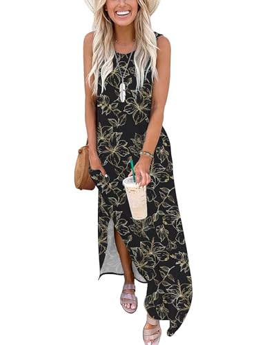 AUSELILY Maxikleider Damen Sommer Ärmellos Strandkleid Lang Sommer-Kleider Tank T-Shirt Kleid mit Taschen Schwarz Gold Blätter XXL von AUSELILY