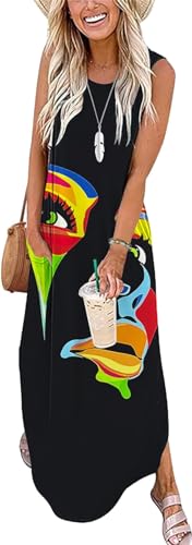 AUSELILY Sommerkleider Damen Lang Maxikleider Ärmellos Boho Strandkleider Lange Sommer Leicht mit Taschen Kunst-Muster L von AUSELILY
