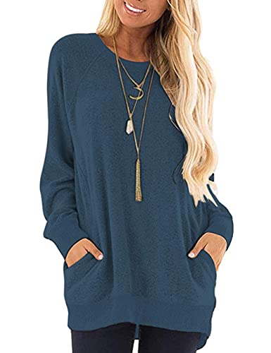 AUSELILY Oberteile Damen Lässige Rundhals Pullover Langärmliges Leichte Langarmshirt mit Taschen Navy blau L von AUSELILY