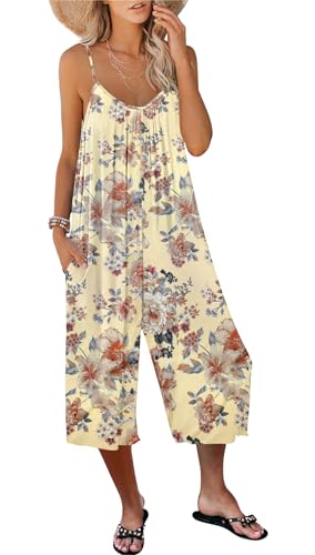 AUSELILY Overall Damen Sommer Strand Jumpsuit Damen Sommer Ärmellos Locker V Ausschnitt Romper Weites Bein Hosenanzug Playsuit mit Taschen Apricot Tinte Blume XL von AUSELILY