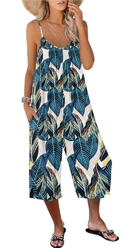 AUSELILY Overall Damen Sommer Strand Jumpsuit Damen Sommer Ärmellos Locker V Ausschnitt Romper Weites Bein Hosenanzug Playsuit mit Taschen Blatt Blumen Drucken L von AUSELILY