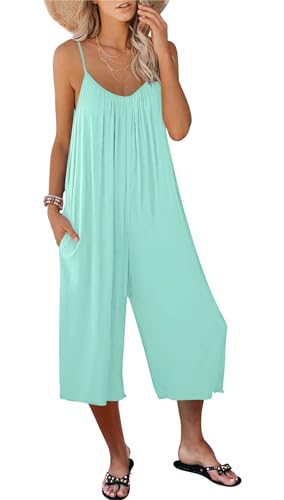 AUSELILY Overall Damen Sommer Strand Jumpsuit Damen Sommer Ärmellos Locker V Ausschnitt Romper Weites Bein Hosenanzug Playsuit mit Taschen Hellgrün L von AUSELILY