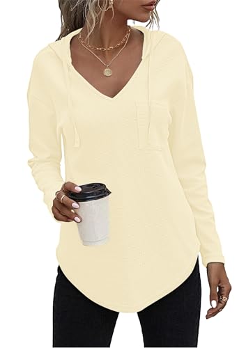 AUSELILY Pullover Damen Hoodie Langarm V Ausschnitt Pullover Sweatshirt Kapuzenpullover Drawstring Top Mit Taschen Beige S von AUSELILY