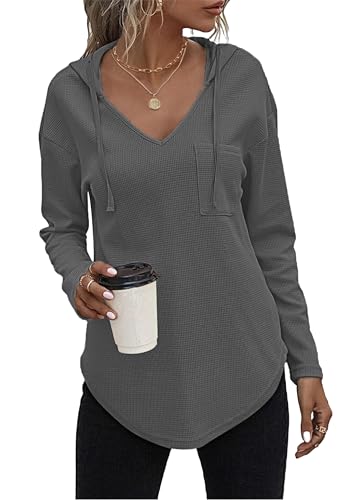 AUSELILY Pullover Damen Hoodie Langarm V Ausschnitt Pullover Sweatshirt Kapuzenpullover Drawstring Top Mit Taschen Dunkelgrau XXL von AUSELILY