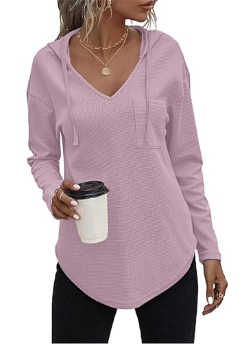 AUSELILY Pullover Damen Hoodie Langarm V Ausschnitt Pullover Sweatshirt Kapuzenpullover Drawstring Top Mit Taschen Hellrosa XL von AUSELILY