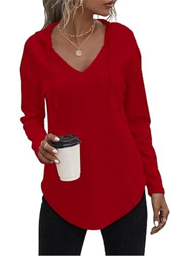 AUSELILY Pullover Damen Hoodie Langarm V Ausschnitt Pullover Sweatshirt Kapuzenpullover Drawstring Top Mit Taschen Rot M AUSELILY Pullover Damen Hoodie Langarm V Ausschnitt Pullover Sweatshirt Kapuzenpullover Drawstring Top Mit Taschen Rot M von AUSELILY