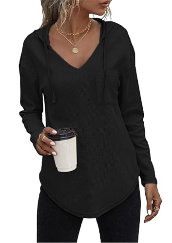 AUSELILY Pullover Damen Hoodie Langarm V Ausschnitt Pullover Sweatshirt Kapuzenpullover Drawstring Top Mit Taschen Schwarz M von AUSELILY