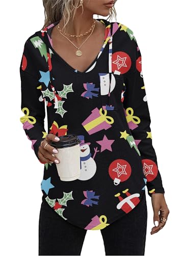 AUSELILY Pullover Damen Hoodie Langarm V Ausschnitt Pullover Sweatshirt Kapuzenpullover Drawstring Top Mit Taschen Weihnachts schneemann XXL von AUSELILY