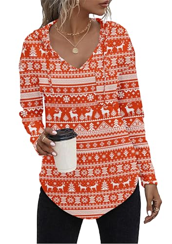 AUSELILY Pullover Damen Hoodie Langarm V Ausschnitt Pullover Sweatshirt Kapuzenpullover Drawstring Top Mit Taschen Weihnachtshirsch M von AUSELILY