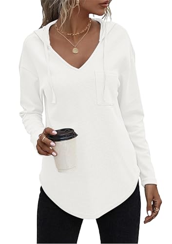 AUSELILY Pullover Damen Hoodie Langarm V Ausschnitt Pullover Sweatshirt Kapuzenpullover Drawstring Top Mit Taschen Weiß M AUSELILY Pullover Damen Hoodie Langarm V Ausschnitt Pullover Sweatshirt Kapuzenpullover Drawstring Top Mit Taschen Weiß M von AUSELILY