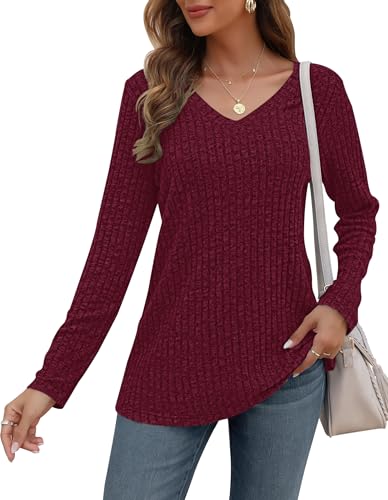 AUSELILY Pullover Damen V-Ausschnitt Sweatshirts Leichte Strickpullover Langarm Oberteile Langarmshirt Lässige Tops Damen von AUSELILY