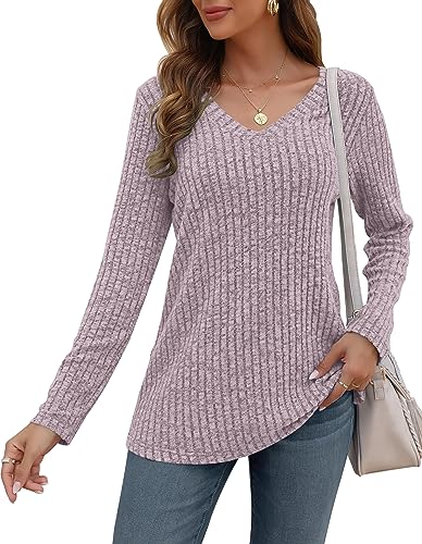 AUSELILY Pullover Damen V-Ausschnitt Sweatshirts Leichte Strickpullover Langarm Oberteile Langarmshirt Lässige Tops Damen von AUSELILY