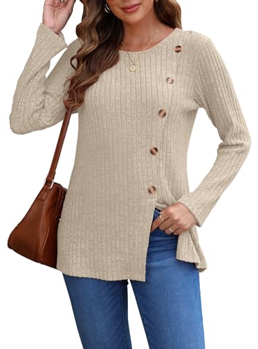 AUSELILY Pullover Damen für Frauen Langarm Tops Leicht Lose Casual Herbst Jessica Winter Tunika Pullover Rundhals Shirts Knöpfe Seite（Aprikosenfarbe,XL von AUSELILY