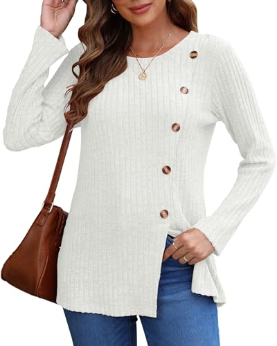 AUSELILY Pullover Damen für Frauen Langarm Tops Leicht Lose Casual Herbst Winter Tunika Pullover Rundhals Shirts Knöpfe Seit(Weiß,L) von AUSELILY