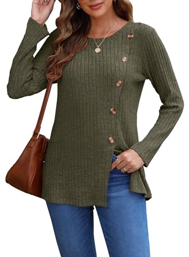 AUSELILY Pullover Damen für Frauen Langarm Tops Leicht Lose Casual Herbst Winter Tunika Pullover Rundhals Shirts Knöpfe Seite（Army Green,L von AUSELILY