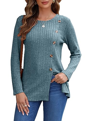 AUSELILY Pullover Damen für Frauen Langarm Tops Leicht Lose Casual Herbst Winter Tunika Pullover Rundhals Shirts Knöpfe Seite(Denim Blue,M) von AUSELILY