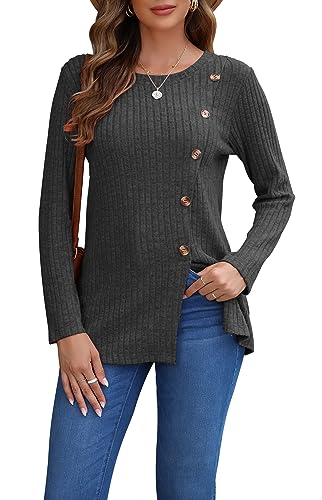 AUSELILY Pullover Damen für Frauen Langarm Tops Leicht Lose Casual Herbst Winter Tunika Pullover Rundhals Shirts Knöpfe Seite(Dunkelgrau,M) von AUSELILY