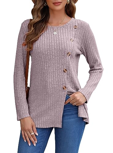 AUSELILY Pullover Damen für Frauen Langarm Tops Leicht Lose Casual Herbst Winter Tunika Pullover Rundhals Shirts Knöpfe Seite(Hellrosa,XL) von AUSELILY