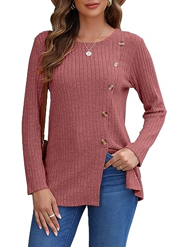 AUSELILY Pullover Damen für Frauen Langarm Tops Leicht Lose Casual Herbst Winter Tunika Pullover Rundhals Shirts Knöpfe Seite(Rot,M) von AUSELILY