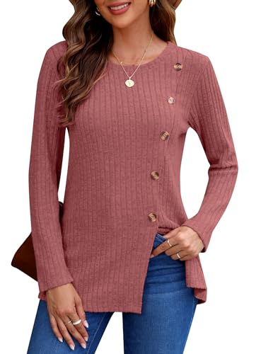 AUSELILY Pullover Damen Winter Langarm Tops Rundhals Pulli Elegant Casual mit Seitenschlitzen Rot M von AUSELILY