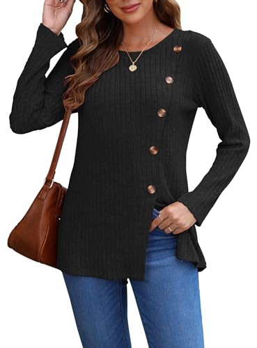 AUSELILY Pullover Damen für Frauen Langarm Tops Leicht Lose Casual Herbst Winter Tunika Pullover Rundhals Shirts Knöpfe Seite（Schwarz,L von AUSELILY