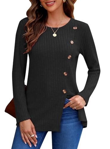 AUSELILY Pullover Damen Winter Langarm Tops Rundhals Pulli Elegant Casual mit Seitenschlitzen Schwarz 2XL von AUSELILY