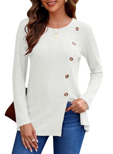 AUSELILY Pullover Damen Winter Langarm Tops Rundhals Pulli Elegant Casual mit Seitenschlitzen Weiß S von AUSELILY