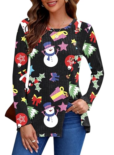 AUSELILY Pullover Damen für Frauen Langarm Tops Leicht Lose Casual Herbst Winter Tunika Pullover Rundhals Shirts Knöpfe Seite Weihnachten Schneemann 2XL von AUSELILY