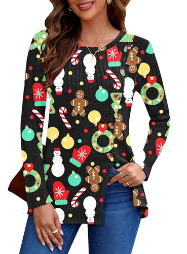 AUSELILY Pullover Damen für Frauen Langarm Tops Leicht Lose Casual Herbst Winter Tunika Pullover Rundhals Shirts Knöpfe Seite Weihnachtsbaum Handschuhe S von AUSELILY