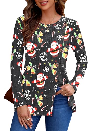 AUSELILY Pullover Damen für Frauen Langarm Tops Leicht Lose Casual Herbst Winter Tunika Pullover Rundhals Shirts Knöpfe Seite Weihnachtsbaum Weihnachtsmann L von AUSELILY