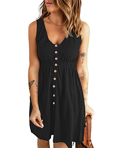 AUSELILY Sommerkleid Damen Casual Button Down Mini Kleid Cute V Neck Strandkleid mit Taschen Schwarz S von AUSELILY