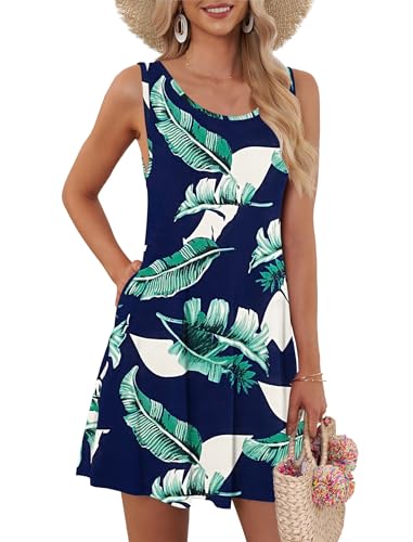 AUSELILY Shirt-Kleid für Damen Ärmelloses Sommer Strand Boho Blumenmuster Urlaubkleid Print Blau,M von AUSELILY