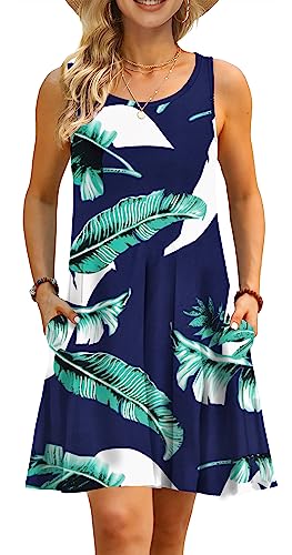 AUSELILY Shirt-Kleid für Damen Ärmelloses Sommer Strand Boho Blumenmuster Urlaubkleid(Print Blau,XL) von AUSELILY