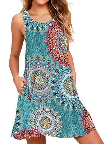 AUSELILY Shirt-Kleid für Damen Ärmelloses Sommer Strand Boho Grumenmuster Urrünbkleid(Print Grün,S) von AUSELILY