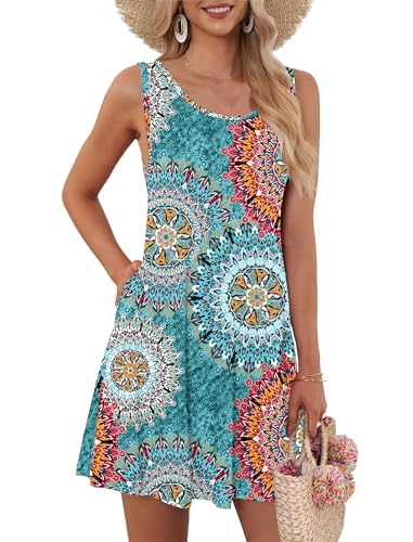 AUSELILY Shirt-Kleid für Damen Ärmelloses Sommer Strand Boho Grumenmuster Urrünbkleid Print Grün,S von AUSELILY