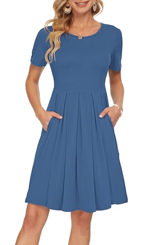 AUSELILY Shirtkleid Damen Kurzarm Plissee Loose Swing Freizeitkleid mit Taschen Knielang Beja Blue XL von AUSELILY