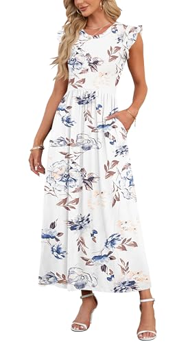 AUSELILY Sommer Freizeitkleid Damen Maxi Langer Rock Rüschen und kurzen Ärmeln Bodenlanger Rock mit Tasche(Weiße Blume,XXL) von AUSELILY