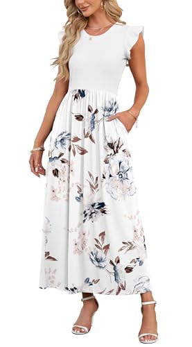 AUSELILY Sommer Freizeitkleid Damen Maxi Langer Rock Rüschen und kurzen Ärmeln Bodenlanger Rock mit Tasche(Weiße Blume,XXL) von AUSELILY