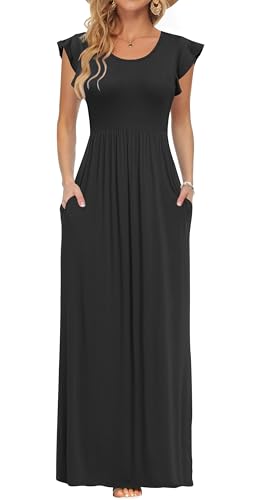 AUSELILY Sommer Freizeitkleid Damen Maxi Langer Rock Rüschen und kurzen Ärmeln Bodenlanger Rock mit Tasche Abendkleider Schwarzes M von AUSELILY