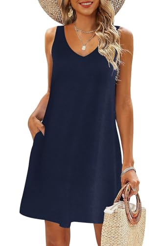 AUSELILY Sommerkleid Damen Leicht Strandkleid Elegant Swing Kleid V Ausschnitt Ärmellose Mini Kleid mit Taschen Marineblau S von AUSELILY